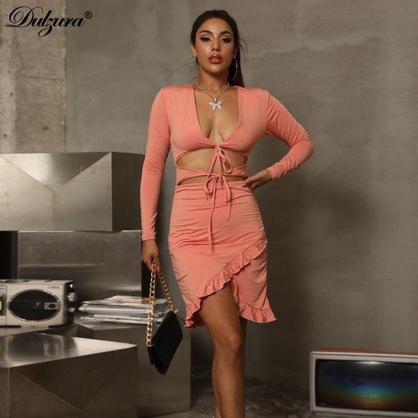 

lace up hollow out women midi dress long sleeve ruffle slit v ne bodycon bandage streetwear party elegant club, Black;white