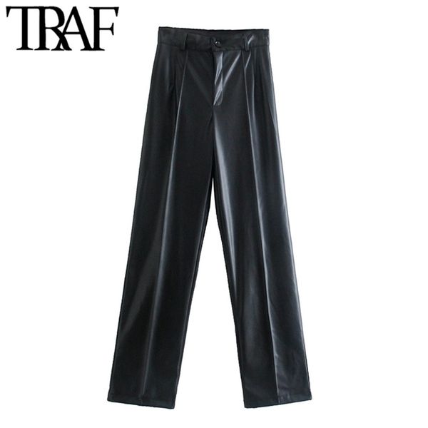 

traf women fashion faux leather straight pants vintage high waist zipper fly female trousers mujer 220311, Black;white