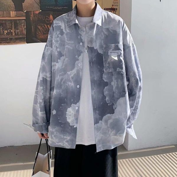 

men's casual shirts trend tie dye blue sky clouds long sleeve shirt men and women lapel, White;black