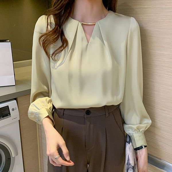 

women's blouses & shirts autumn winter ladies long-sleeved elegant casual simple round neck commuter formal chiffon blouse shirt blusas, White