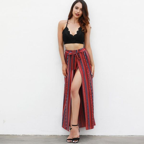 

women's pants & capris high split stripe wide leg women summer beach waist trousers chic streetwear sash casual red female, Black;white