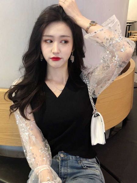 

women v neck blouse short style ruffles long sleeve shirts female casual fashion blusas 210601, White