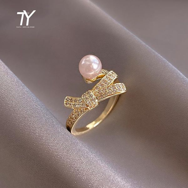 

cluster rings luxury gold bow pearl opening for woman 2021 gothic jewelry korean fashion accessories party student girl's ring, Golden;silver