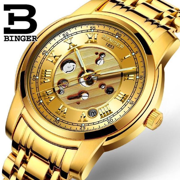 

switzerland full gold men roman business watches self winding mechanical wrist watch 316l steel calendar 3bar wristwatches, Slivery;brown