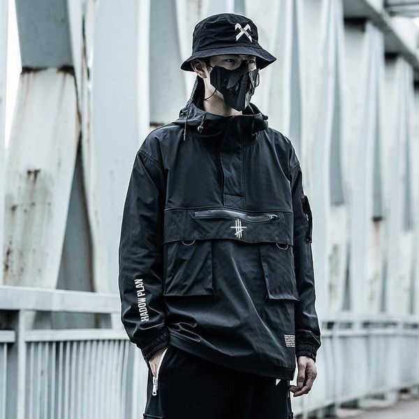 

men's jackets techwear anorak hooded windbreaker pocket black streetwear jacket, Black;brown