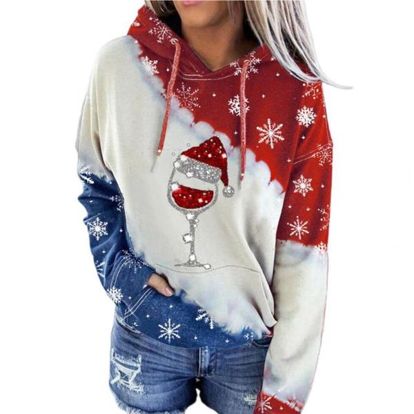 

women's hoodies & sweatshirts hooded long sleeve pullover sweatshirt merry christmas letter print red wine glass patchwork women hoodie, Black