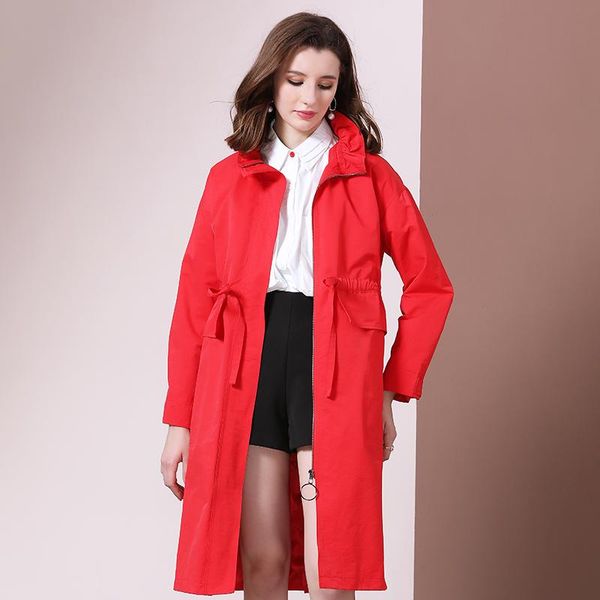 

women's trench coats cinessd coat women woman clothes 2021 autumn red black drawstring mid-long lotus leaf collar office outwear, Tan;black
