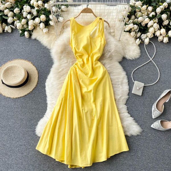 

casual dresses singreiny women korean tank dress design hollow waist sleeveless a-line summer elegant chic streetwear midi sundress, Black;gray