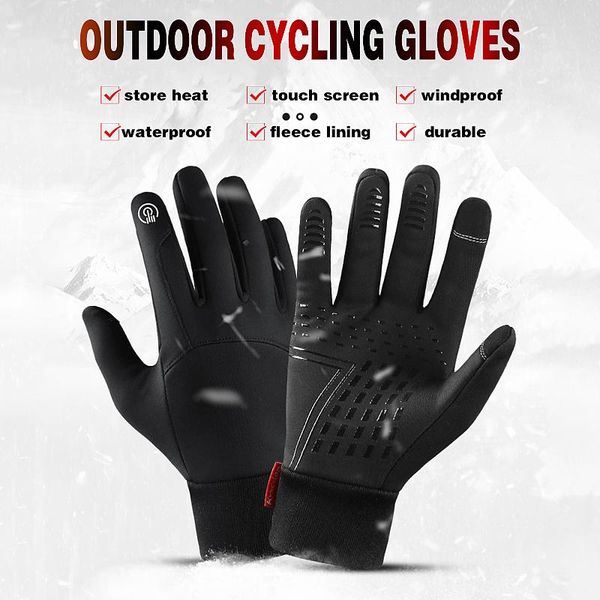 

men women cycling gloves windproof fleece lining touchscreen bike mtb anti-slip bicycle skiing motorcycle winter, Black