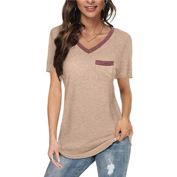

women's t-shirt color match v-neck pocket casual loose ladies summer short sleeve bottoming tee, White