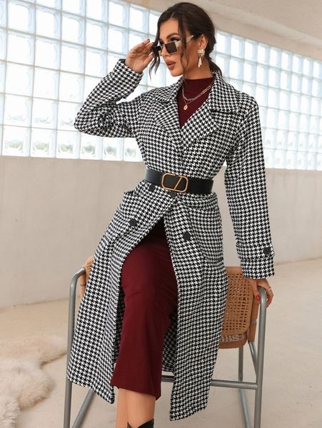 

houndstooth lapel neck double pocket tweed overcoat without belt e20d#, Black