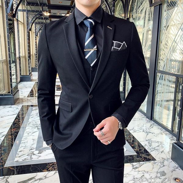 

(jackets+vest+pants) 2021 men autumn three-piece suit/male slim cotton fashion leisure blazers/groom dress swallow-tailed coat men's su, White;black