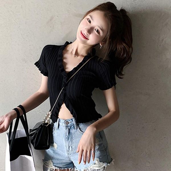 

women's t-shirt women v-neck t shirt button ruffled short exposed navel knitted sleeved casual 2021, White