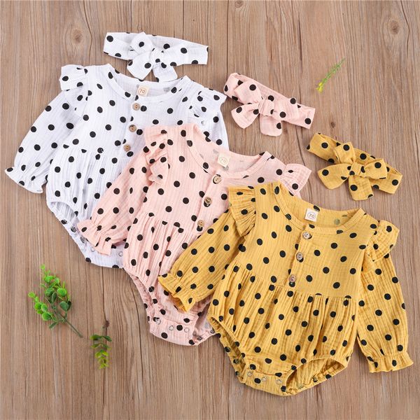 

0-24m autumn newborn girls dots print jumpsuits clothes baby rompers cotton linen long sleeve children rompers with headband, Blue