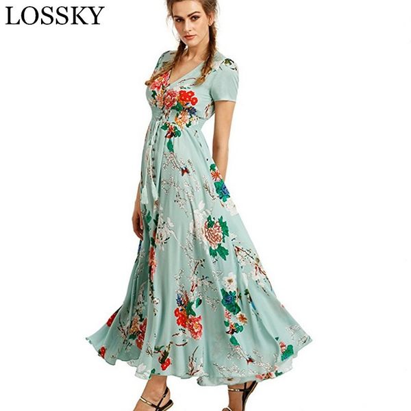 

vintage floral print long dress split v neck elegant retro summer boho beach party maxi women sundress vestidos robe 210520, Black;gray
