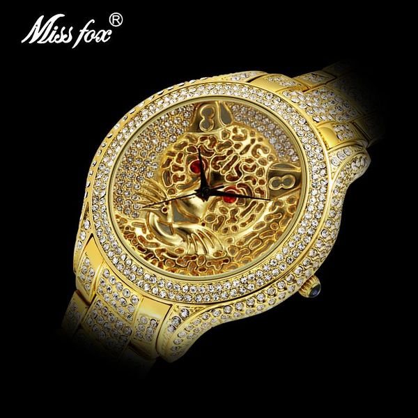 

wristwatches drop 2021 missfox tiger watch red gemstone eye terror gold men watches full paved slim stone with box, Slivery;brown