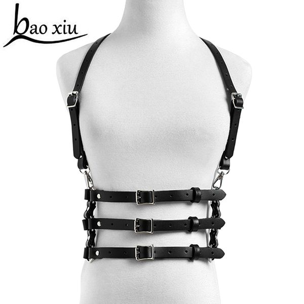 

fashion punk harajuku metal o-ring body faux leather bondage cage sculpting harness waist belt straps suspenders belt accessorie 210326, Black;brown