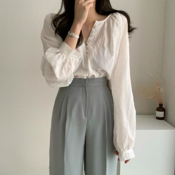 

women's blouses & shirts autumn 2021 korean retro cotton lantern long sleeve crop v-neck sweet single breasted white shirt street