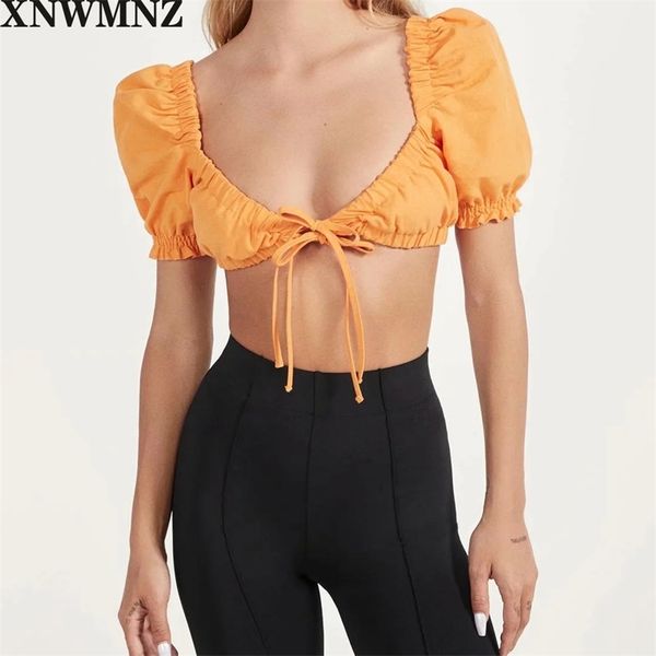 

fashion womens summer casual solid bandage puff sleeve short blusas mujer de moda 210520, White;black