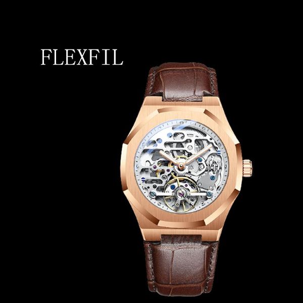 

wristwatches flexfil luxury diver wave celestial tourbillon automatic mechanical men watch sapphire waterproof luminous leather strap 1125, Slivery;brown