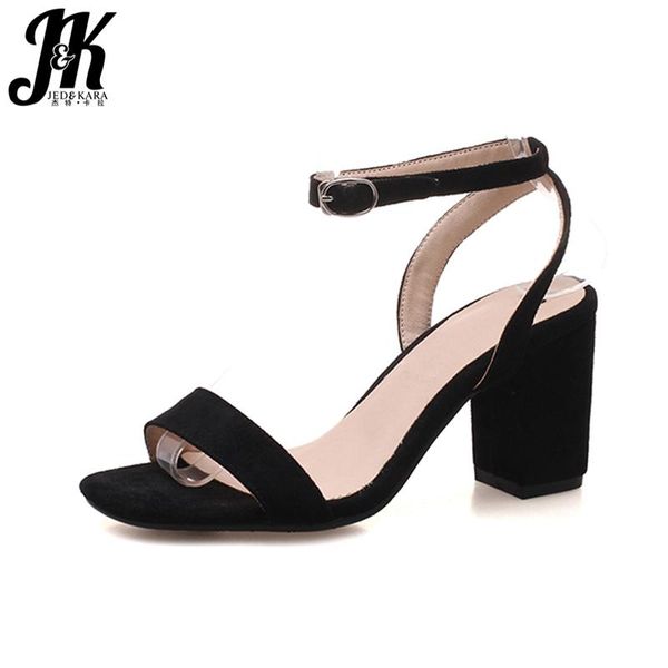 

dress shoes fashion summer square heel sandals women ankle strap casual girls open toe buckle ladies footwear flock high heels, Black