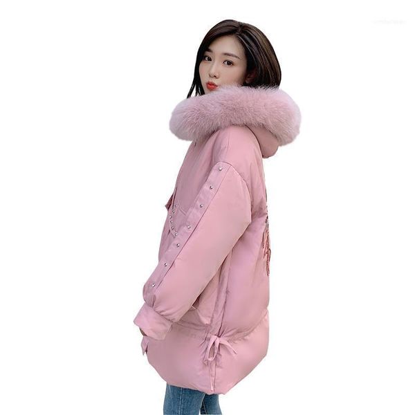 Mulheres para baixo parkas 2021 casaco de inverno 90% pato branco muito quente outerwear com cabelo bordado flamingo longo jaqueta1