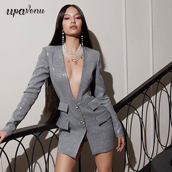 

casual dresses sequined blazer women deep v neck long sleeve slim mini dress 2021 autumn, Black;gray