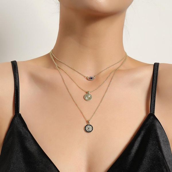 

pendant necklaces trending multilayer chains round eye necklace women vintage rhinestone geometric sweater colar jewelry gift, Silver
