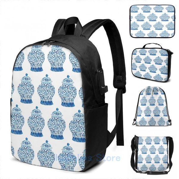 

backpack funny graphic print blue and white ginger jar usb charge men school bags women bag travel laptop