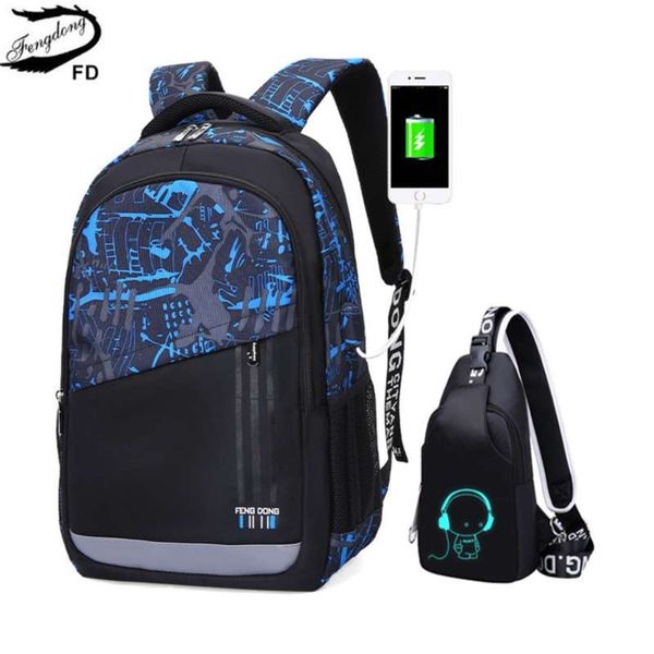 Fengdong crianças mochila escolar para menino sling ombro peito bolsa crianças sacos de escola criança Bolsa de carregamento USB BACKPACK 210929