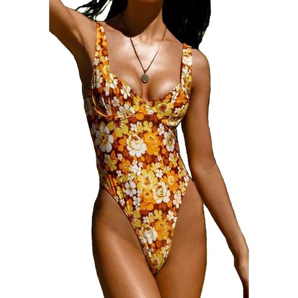 

one-piece suits women summer swimsuit floral/sun print widen straps low-cut sleeveless backless padded 1piece swimwear for girls