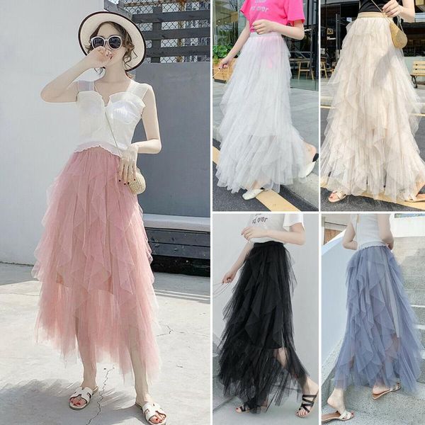 

skirts women summer irregular stylish fairy tutu skirt ladies boho high waist princess multilayer solid long, Black