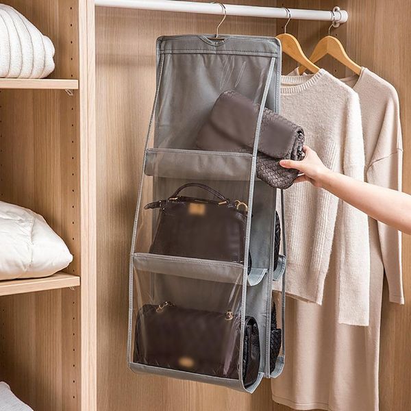 

storage boxes & bins hanging handbag organizer dust-proof holder bag wardrobe closet for purse clutch with 6 larger pockets black and gray