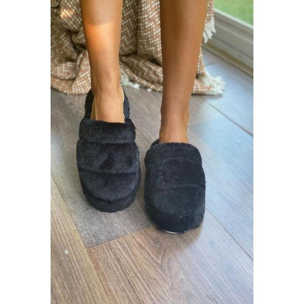 

sandals women front off puff slippers, Black