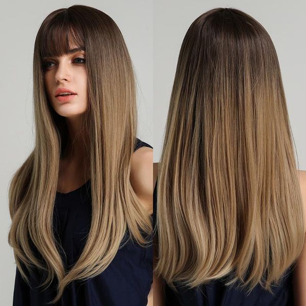 

synthetic wigs long ombre black brown with full bangs silky straight for women afro american cosplay daily heat resistant