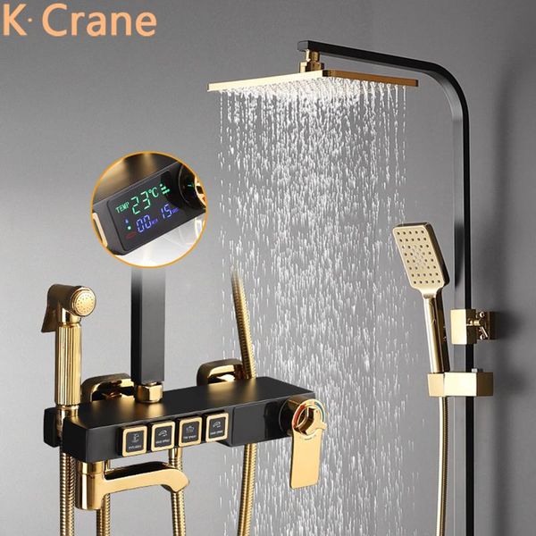 

digital display thermostatic shower faucet and cold mixer bath set bathroom wall mount system spa rainfall black tap sets