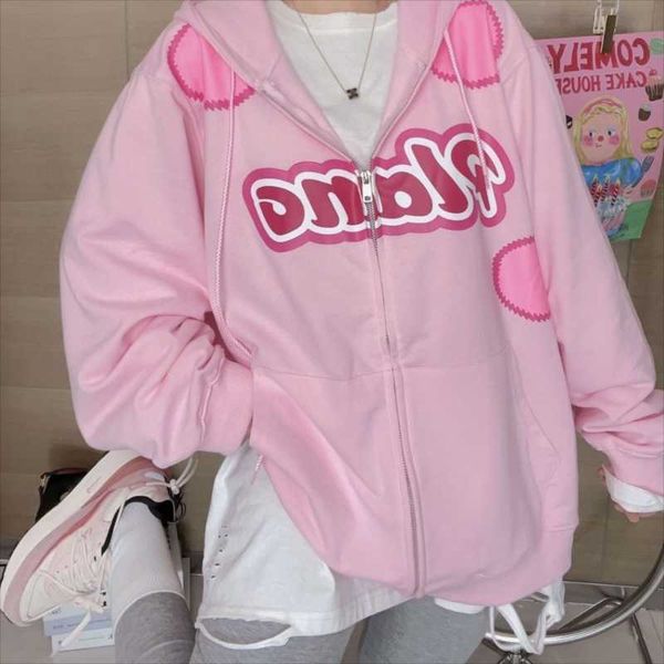 

women's hoodies & sweatshirts japanese kawaii pink letters sweet long-sleeved zipper cardigan sweatshirt streetwear winter women loose, Black