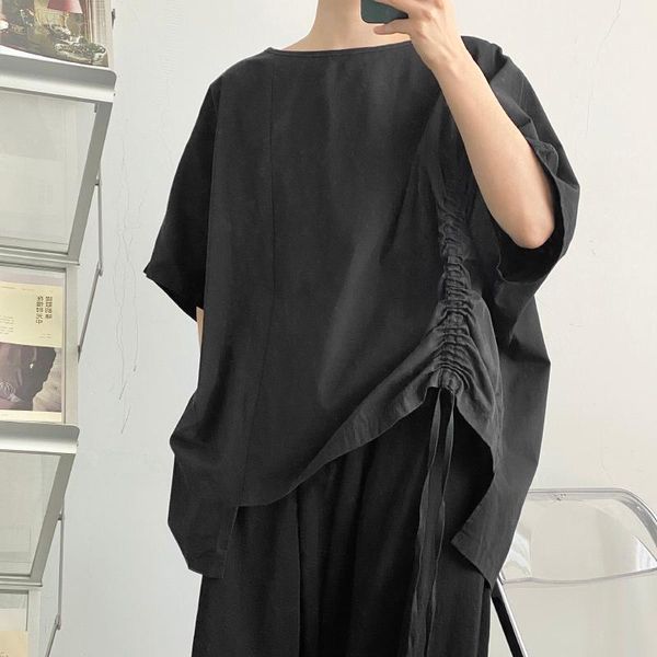 

men summer asymmetry niche design japanese casual loose short sleeve pullover shirt streetwear fashion couple men's shirts, White;black