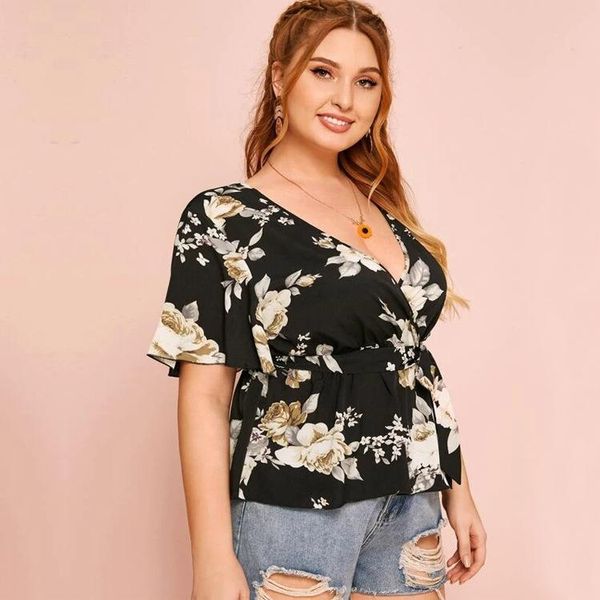 

women's blouses & shirts 2021 plus size summer blouse women floral printing shirt short sleeve loose casual ladies large clothes, White