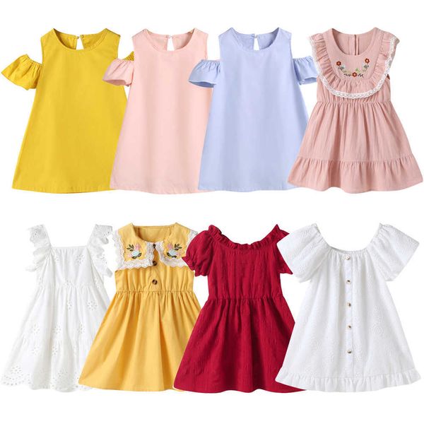 2021 Vestidos Sólidos Amarelos para crianças de algodão meninas verão fora-ombro crianças vestido de manga curta q0716