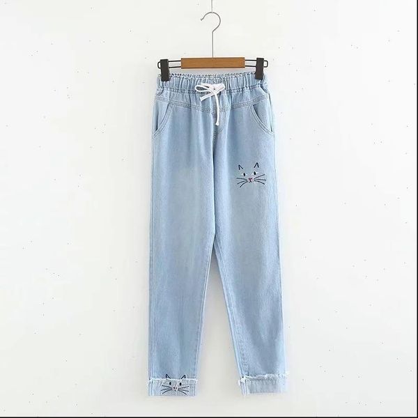 

womens jeans women pants cartoon cat embroidery harajuku denim winter elastic waist straight pockets jean, Blue