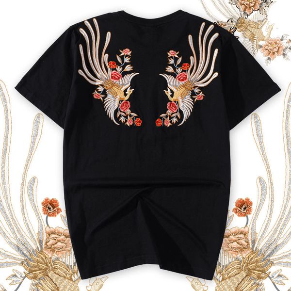 

t shirt hip hop men streetwear chinese delicate embroidered crane phoenix t-shirt harajuku summer short sleeve t shirt plus size 4xl, White;black