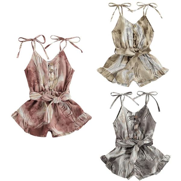 

trousers 2021 summer fashion kids girls jumpsuits tie dye printed strapless single breasted bow belt rompers clothes 2-6y, Blue