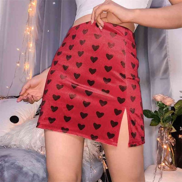 OMSJ Roter Samt Rock mit hoher Taille Sommer Streetwear Herzdruck Reißverschluss Sexy S Damen Split Side A-Line Mini 210517