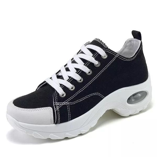 

dress shoes 2021 summer women's chunky midheeled women sport wedgeshaped sneakers walking lace canvas fabric, Black