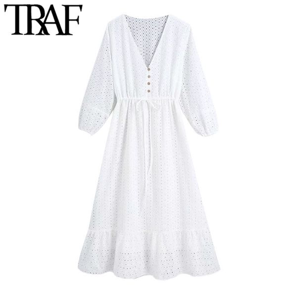 

women chic fashion hollow out embroidery midi dress vintage three quarter sleeve drawstring female dresses mujer 210507, Black;gray