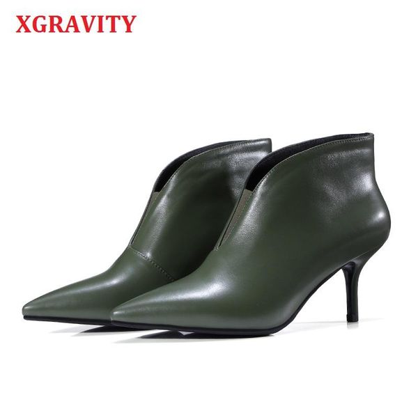 

boots xgravity ladies cow genuine leather thin heel woman shoes deep v design lady fashion elegant european women a240, Black