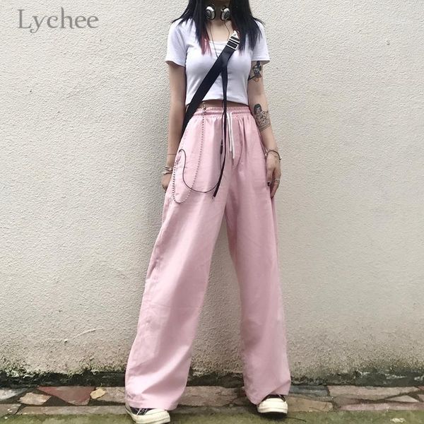 

women's pants & capris lychee harajuku pink wide leg women vintage high waist cotton loose streetwear long female trousers, Black;white