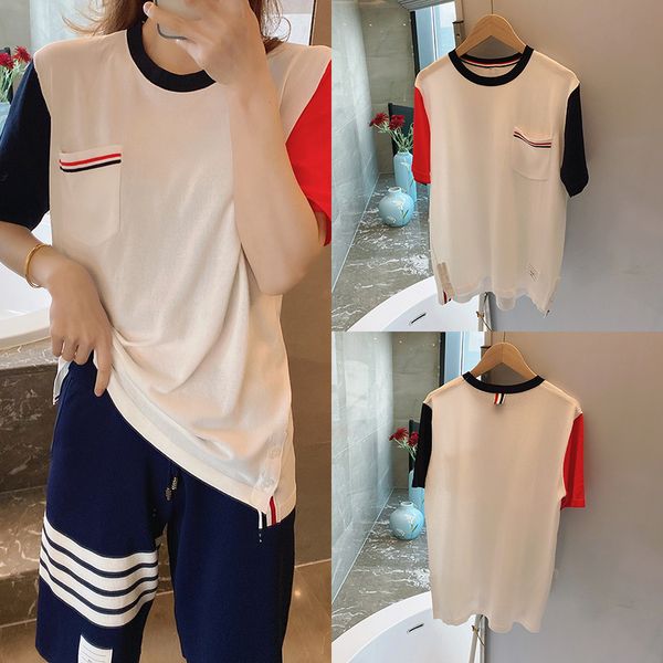 

2021 summer new tb two-color short t-shirt female youth round neck loose couple half sleeve t-shirt, White;black