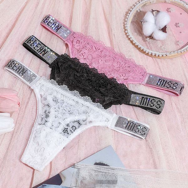 

women's underwear allure lace letter low waist traceless thong briefs, Black;white